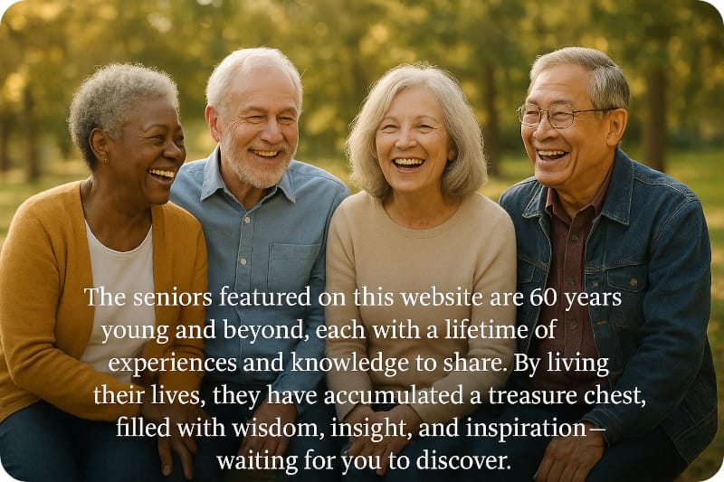 The seniors featured on this website are 60 years young and beyond, each with a lifetime of experiences and knowledge to share. By living their lives, they have accumulated a treasure chest, filled with wisdom, insight, and inspiration—waiting for you to discover.